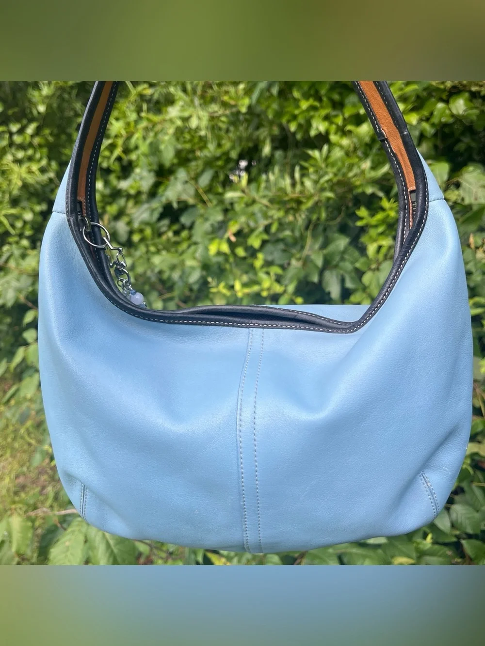 Coach Sky Blue Leather Hobo Ergo Bag with silver sun charm